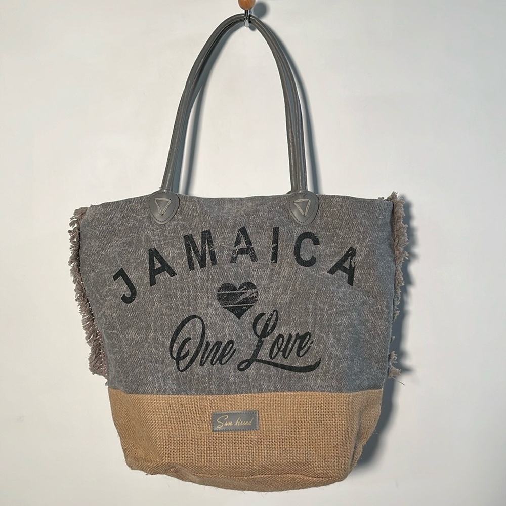 SUN KISSED "Jamaica One Love" Beach Cotton/Jute 2 Strap Fringe Grey/Tan Tote